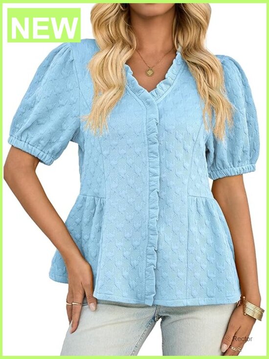 Tops - Womens Peplum Puff Sleeve Top V Neck Ruffle Blouse Dressy Casual Textured